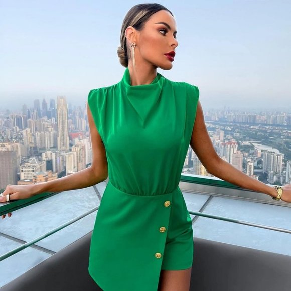 Pants & Jumpsuits | Green Preppy Womens Mock Neck Button Detail Romper ...